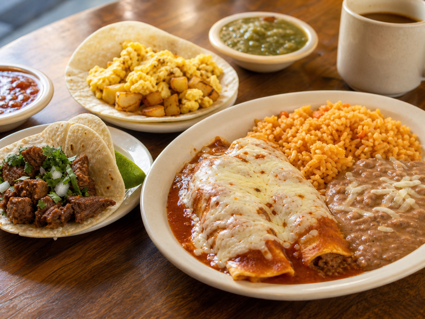 Enchiladas, tacos, rice, beans, salsa, and coffee on a cafe table